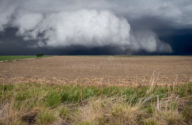 A Low Shelf Cloud Under a Thunderstorm almost Touches the Ground Over a