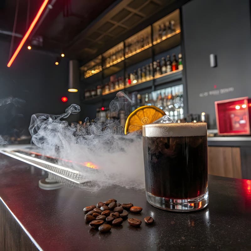 A low, sophisticated glass filled with dark, dense liquid. A faint, mysterious smoke rises from the dry ic royalty free illustration