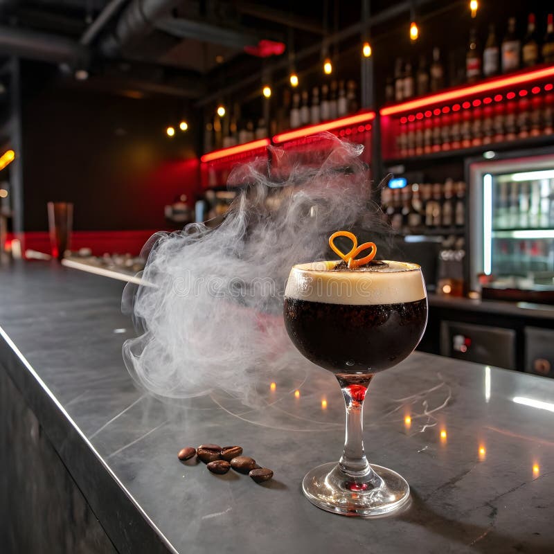 A low, sophisticated glass filled with dark, dense liquid. A faint, mysterious smoke rises from the dry ic vector illustration