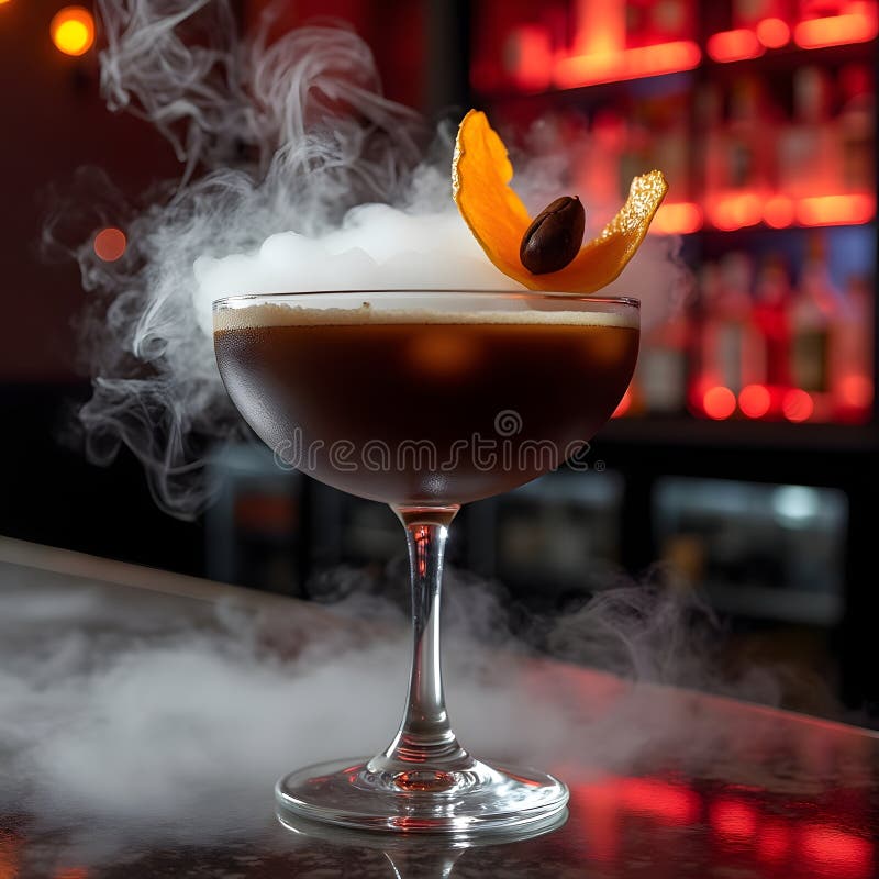 A low, sophisticated glass filled with dark, dense liquid. A faint, mysterious smoke rises from the dry ic royalty free illustration