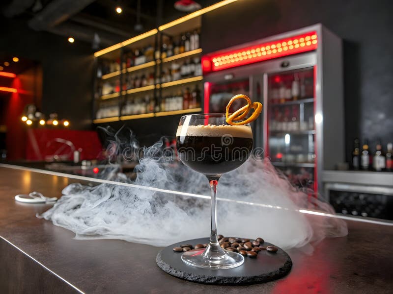 A low, sophisticated glass filled with dark, dense liquid. A faint, mysterious smoke rises from the dry ic vector illustration