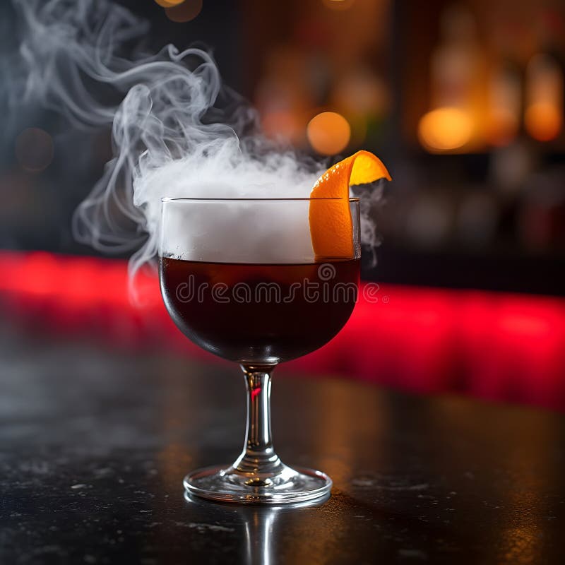 A low, sophisticated glass filled with dark, dense liquid. A faint, mysterious smoke rises from the dry ic stock illustration