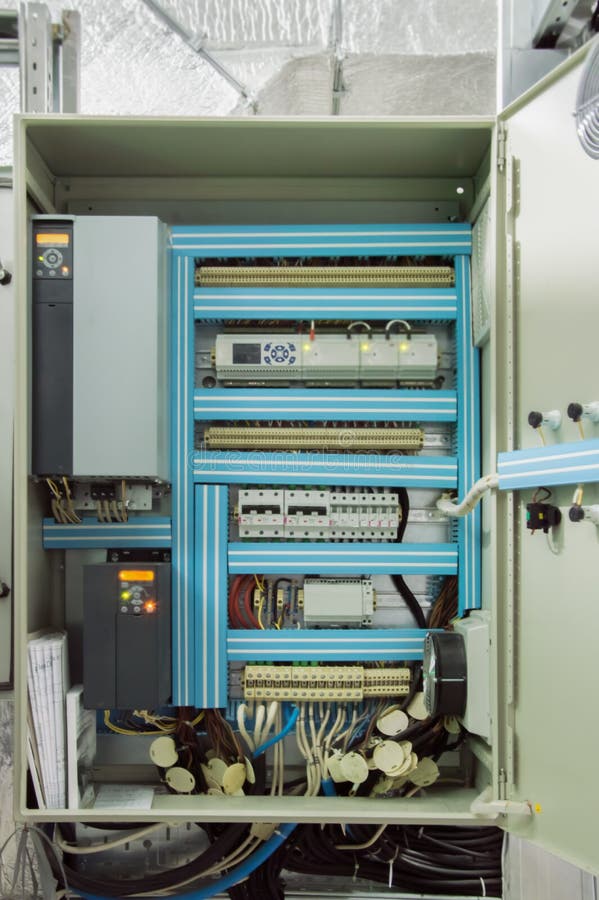 Opened Lowvoltage for HVAC System on the Wall of the Industrial Ventilation Room Stock