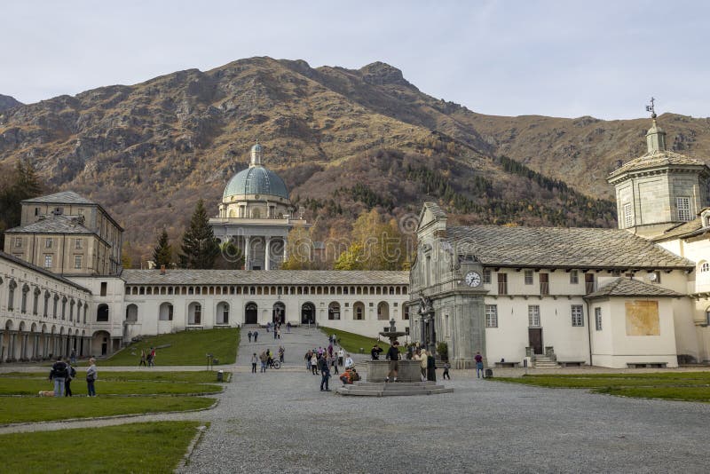 Lower Basilica and Oropa Sanctuary on the background, marian sanctuary dedicated to the Black royalty free stock photo