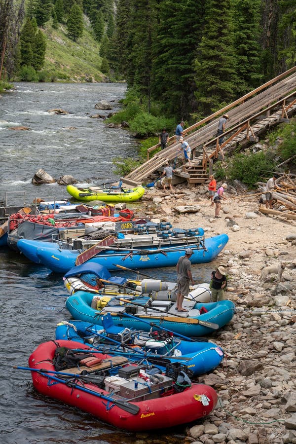 Lowman Idaho - July 1, 2019: Rafting tours put in rafts down the ramp at Boundary Creek area of Idaho, a popular spot for starting a rafting trip in the Middle Fork of the Salmon River. Lowman Idaho - July 1, 2019: Rafting tours put in rafts down the ramp at Boundary Creek area of Idaho, a popular spot for starting a rafting trip in the Middle Fork of the Salmon River