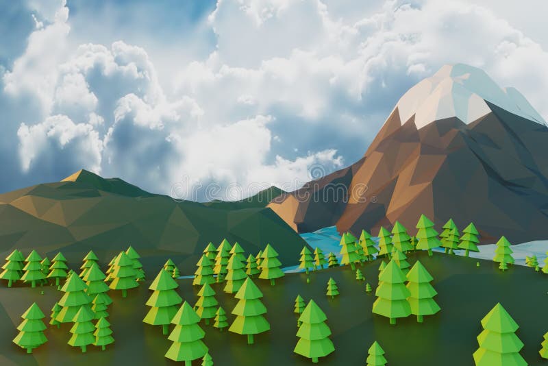 Lowpoly Landscape Nature with Mountains Trees and Sunset Background Minimal Panorama Animation 3d Rendering Stock Illustration - Illustration of digital, crystal: