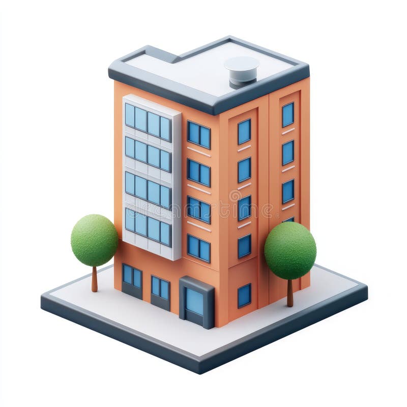 Lowpoly modelo 3D de un edificio de apartamentos naranja con ventanas azules y árboles verdes. libre illustration