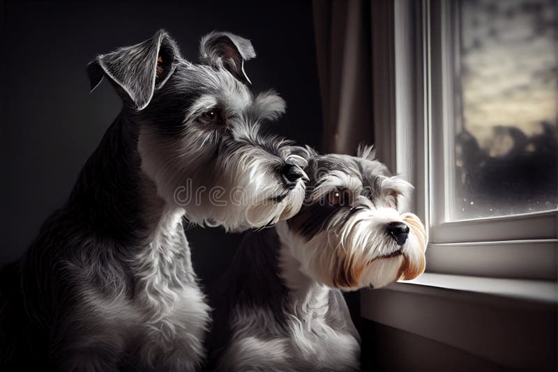 Two pet miniature Schnauzer dogs watch patiently at the front window, waiting for their owner to come home from work.  Sometimes refered to as the welcoming comittee, they greet their owner with unbridled joy, routinely each day.  Illustration. Two pet miniature Schnauzer dogs watch patiently at the front window, waiting for their owner to come home from work.  Sometimes refered to as the welcoming comittee, they greet their owner with unbridled joy, routinely each day.  Illustration