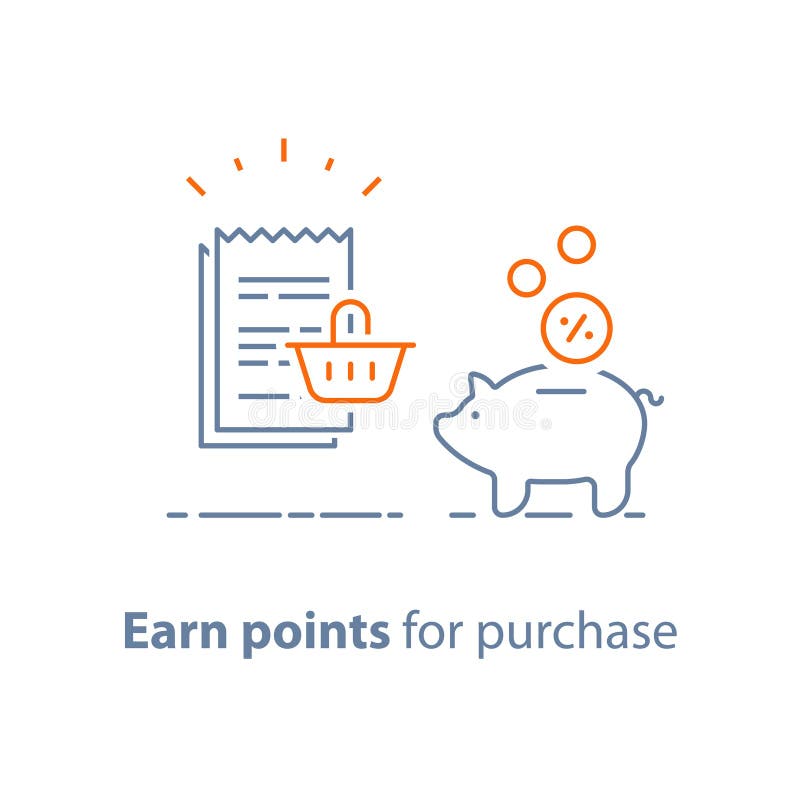 Loyalty program, earn points and get reward, marketing concept, piggy bank with coins and till slip with shopping basket