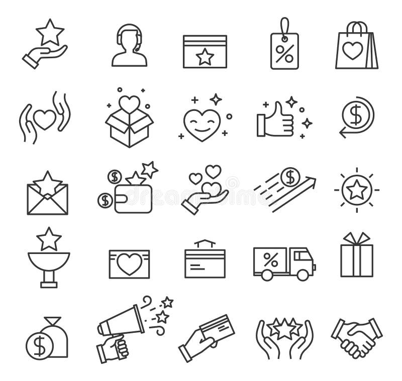 Loyalty program icons. Exclusive discounts, customer incentive benefits and presents points. Shopping website interface royalty free illustration