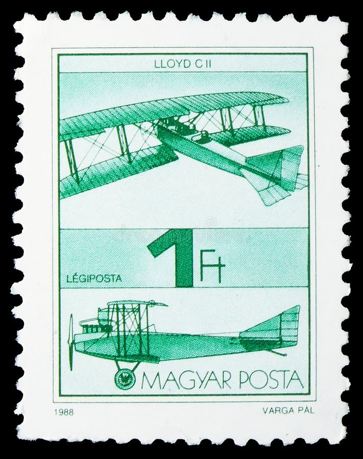 MOSCOW, RUSSIA - JULY 19, 2019: Postage stamp printed in Hungary shows Lloyd C II 1915, Airplanes serie, circa 1988. MOSCOW, RUSSIA - JULY 19, 2019: Postage stamp printed in Hungary shows Lloyd C II 1915, Airplanes serie, circa 1988