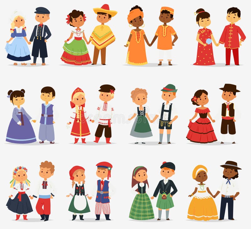 Lttle kids children couples character of world dress girls and boys in different traditional national costumes and cute nationality dress vector illustration. Cultural friendship child ethnic group. Lttle kids children couples character of world dress girls and boys in different traditional national costumes and cute nationality dress vector illustration. Cultural friendship child ethnic group.