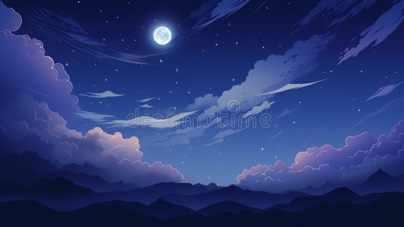A lua brilha no céu noturno sobre montanhas e nuvens ilustração do vetor