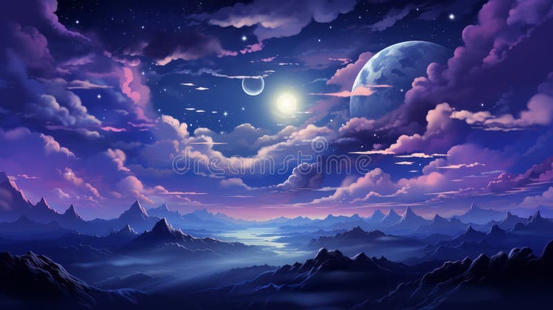 A lua brilha no céu sobre montanhas e nuvens ilustração stock