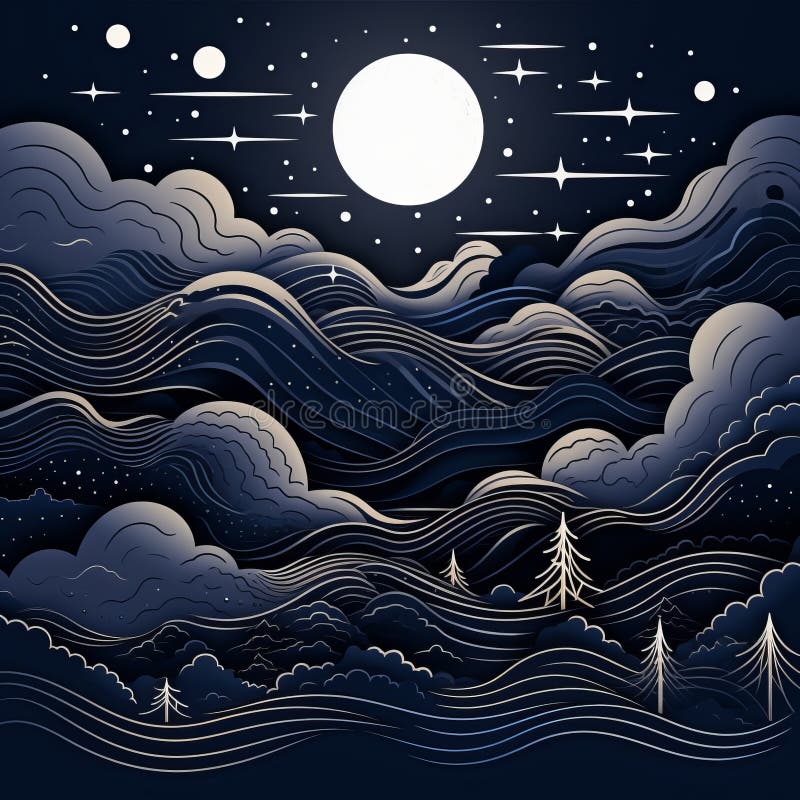 A lua brilha sobre o oceano à noite com ondas e árvores ilustração royalty free