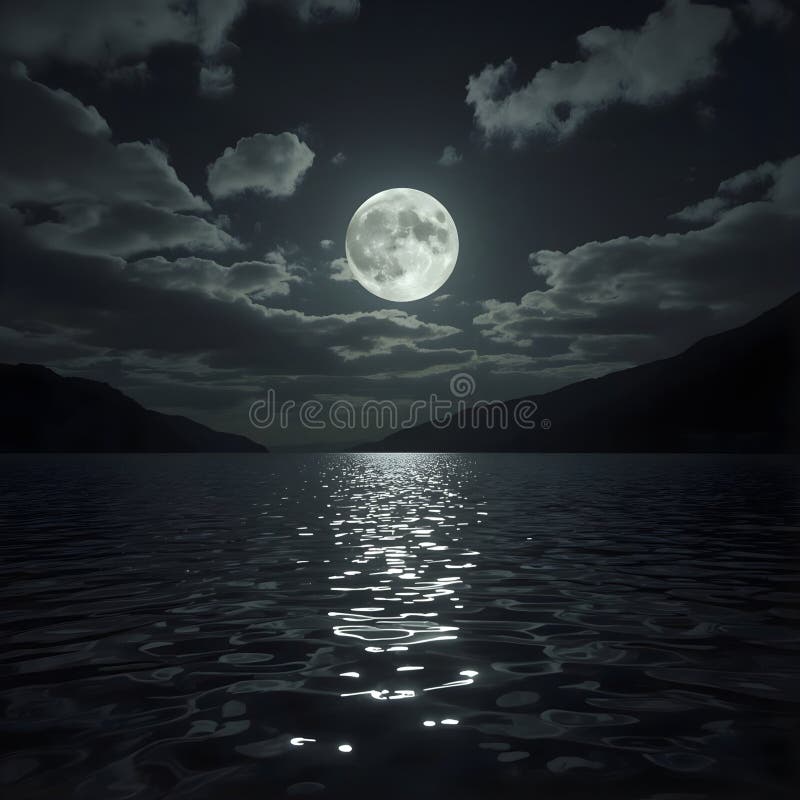 Lua Cheia a Brilhar Sobre o Mar Calmo da Noite ilustração do vetor