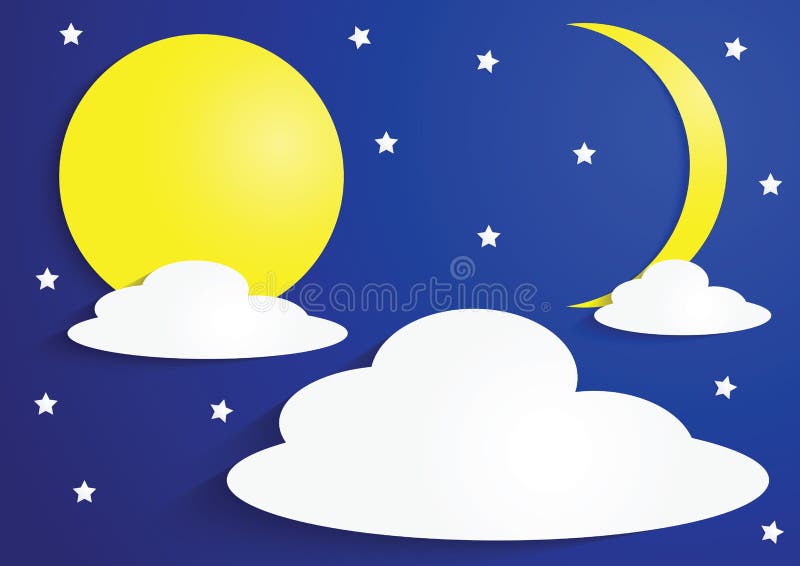 A Lua cheia e o crescente de papel moon com nuvens e estrelas ilustração do vetor A Lua cheia e o crescente de papel moon com nuvens e estrelas ilustração do vetor