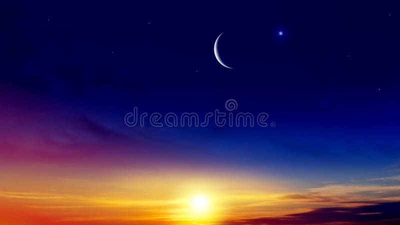 Lua crescente com fundo bonito do por do sol Ramad? generosa ilustração royalty free