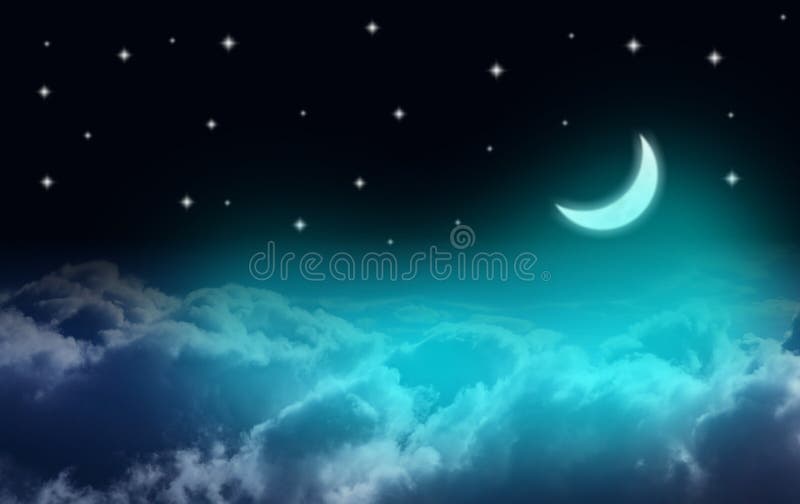 Lua crescente sobre nuvens em uma noite estrelado ilustração stock Lua crescente sobre nuvens em uma noite estrelado ilustração stock