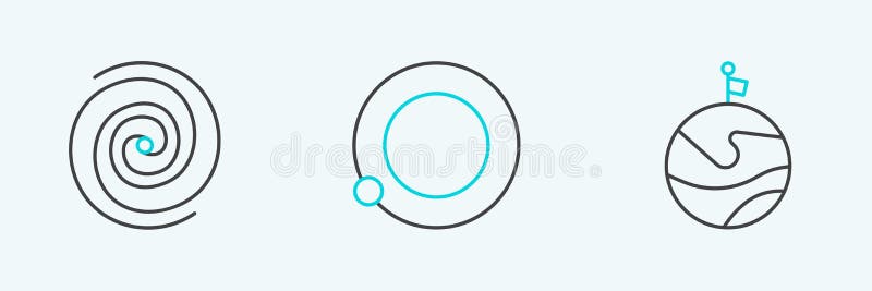 Set line Moon with flag Black hole and Satellites orbiting the planet Earth icon. Vector. Set line Moon with flag Black hole and Satellites orbiting the planet Earth icon. Vector.