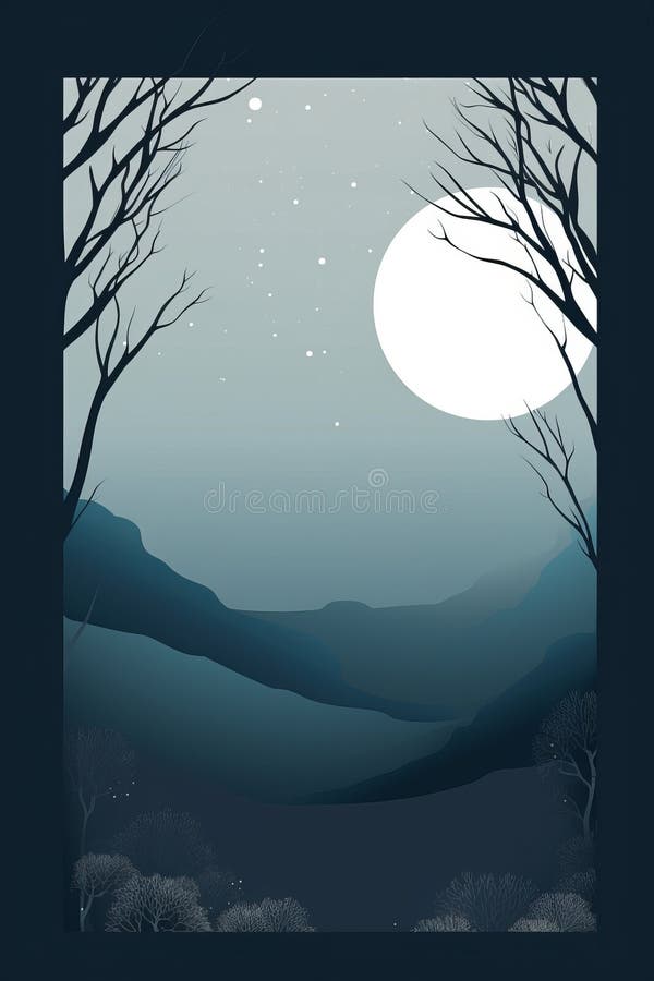 A lua está a brilhar através das árvores à noite ilustração do vetor