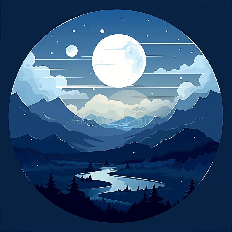 A lua está brilhando sobre as montanhas e o rio ilustração stock