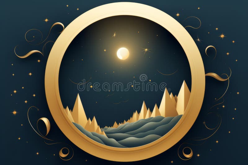 A lua está brilhando sobre as montanhas em um quadro circular ilustração royalty free