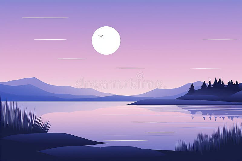 A lua está brilhando sobre um lago e montanhas no pôr do sol ilustração stock