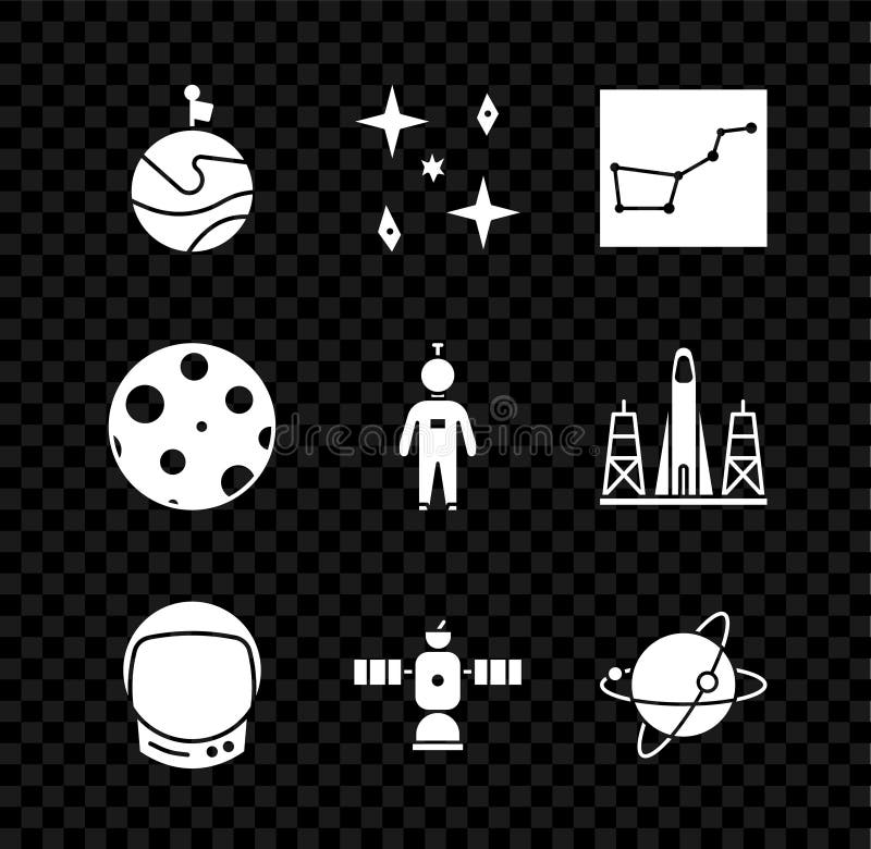 Set Moon with flag Falling stars Great Bear constellation Astronaut helmet Satellite Satellites orbiting the planet Earth and icon. Vector. Set Moon with flag Falling stars Great Bear constellation Astronaut helmet Satellite Satellites orbiting the planet Earth and icon. Vector.