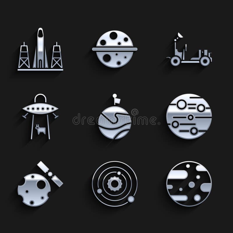 Set Moon with flag Solar system Planet Mars Satellites orbiting the planet Earth UFO abducts cow rover and Rocket launch from spaceport icon. Vector. Set Moon with flag Solar system Planet Mars Satellites orbiting the planet Earth UFO abducts cow rover and Rocket launch from spaceport icon. Vector.