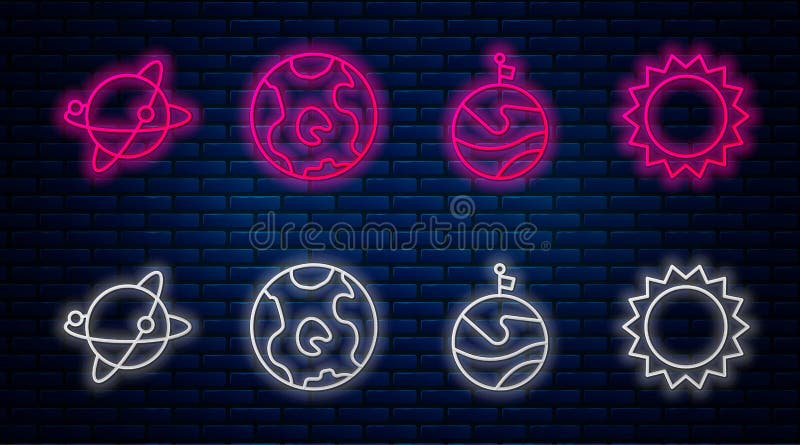 Set line Earth globe, Moon with flag, Satellites orbiting the planet Earth and Sun. Glowing neon icon on brick wall. Vector. Set line Earth globe, Moon with flag, Satellites orbiting the planet Earth and Sun. Glowing neon icon on brick wall. Vector.
