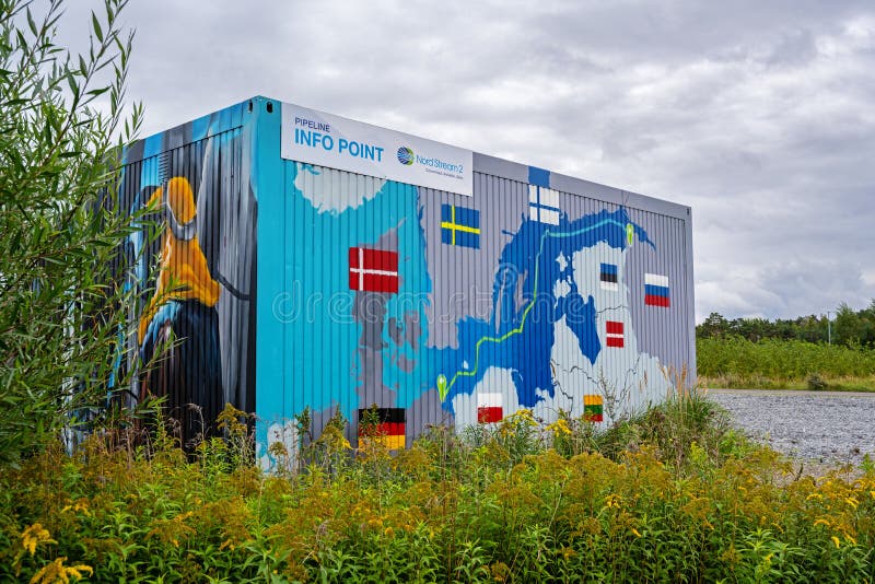 LUBMIN, GERMANY, SEPTEMBER 05, 2020: Info point for nord stream 2 in a painted container in the industrial port of Lubmin