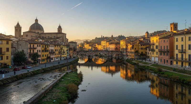 Luccas Serene River et le charme historique pittoresque ville italienne reflétant le coucher de soleil doré sur la rivière histori illustration libre de droits