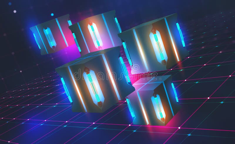 Luce al neon luminosa Concetto dell'unità di elaborazione di Quantum Tecnologia di Blockchain in Cyberspace virtuale illustrazion royalty illustrazione gratis