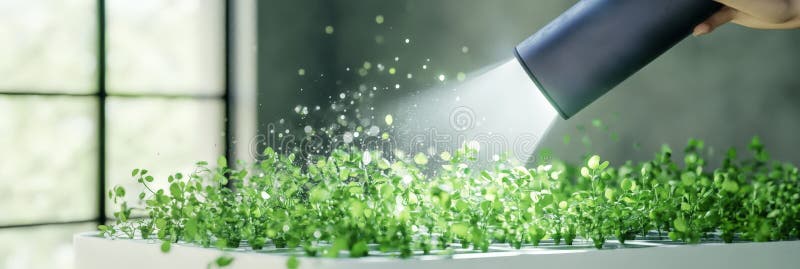 Torcia luminosa su piantine rigogliose, luce utilizzata per l'agricoltura di precisione indoor, la luce migliora lo sviluppo delle immagine stock