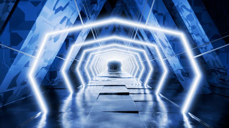 Luces de neón. concepto de fondo abstracto digital. movimiento de la cámara a través de un túnel industrial. conexión de alta velo libre illustration