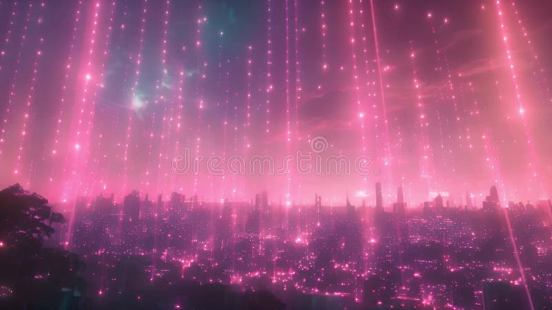 Luces de neón rosadas deslumbrantes iluminan un paisaje urbano futurista por la noche