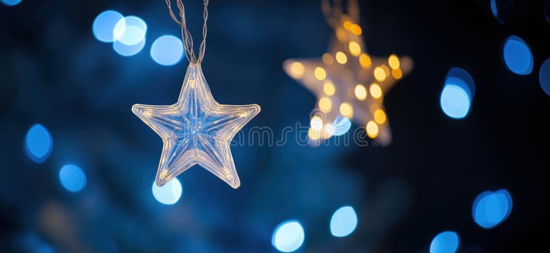 Luces estelares decorativas brillando en tonos azules y cálidos creando un ambiente festivo con efecto bokees copia foto de archivo
