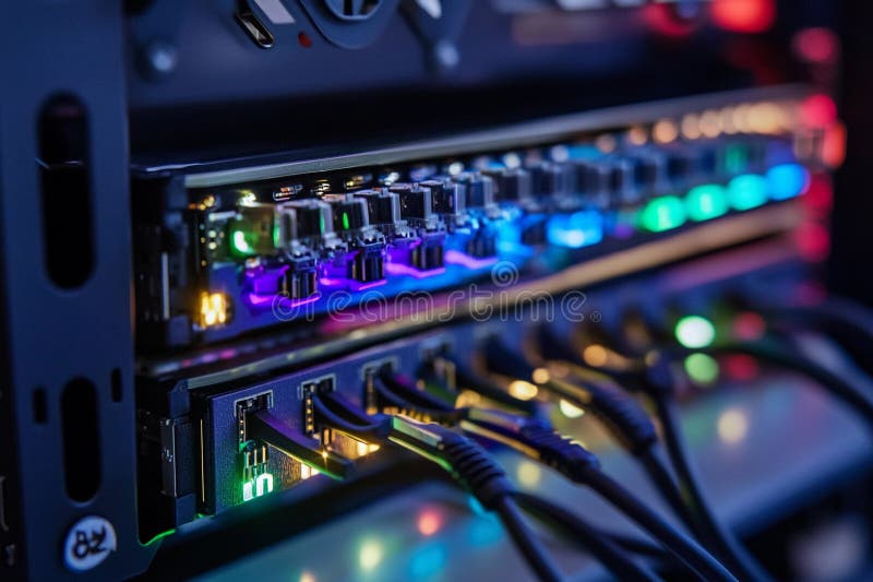 Luces LED coloridas iluminan el equipo del servidor en un centro de datos durante las operaciones nocturnas. IA generativa. Un centro de datos ocupado lleno de luces LED vibrantes que resaltan el equipo del servidor con numerosos cables conectados a varios dispositivos. La atmósfera refleja un ambiente de alta tecnología