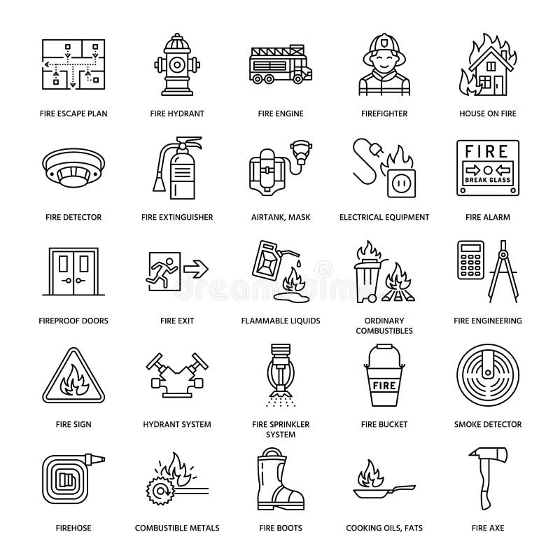 Lucha contra el fuego, línea plana iconos del equipo de seguridad contra incendios Bombero, extintor del coche de bomberos, detec stock de ilustración Lucha contra el fuego, línea plana iconos del equipo de seguridad contra incendios Bombero, extintor del coche de bomberos, detec stock de ilustración