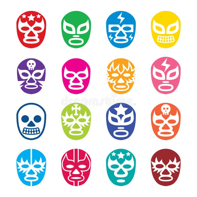 Vector icons set of masks worn during wrestling fights in Mexico isolated on white. Vector icons set of masks worn during wrestling fights in Mexico isolated on white