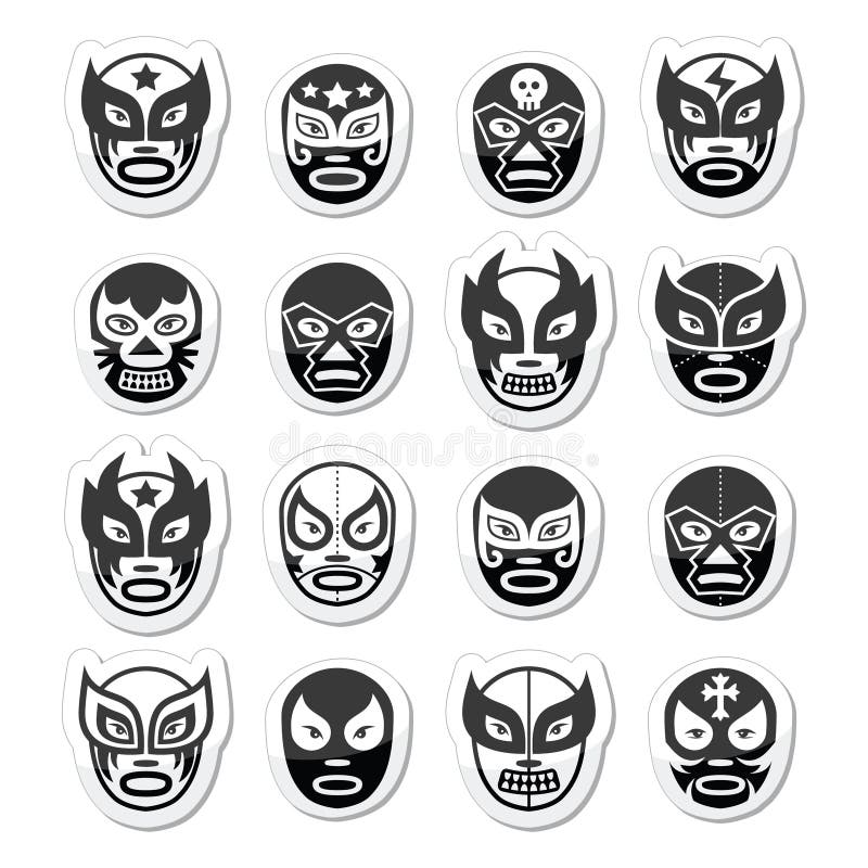 Vector icons set of masks worn during wrestling fights in Mexico isolated on white. Vector icons set of masks worn during wrestling fights in Mexico isolated on white