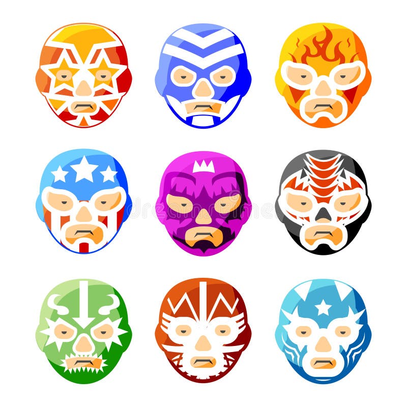 Lucha libre, luchador mexican wrestling masks color vector icons set. Character face person, sport costume symbol illustration