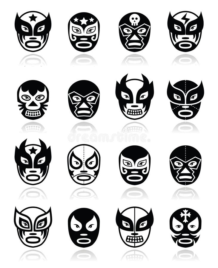 Vector icons set of masks worn during wrestling fights in Mexico on white. Vector icons set of masks worn during wrestling fights in Mexico on white