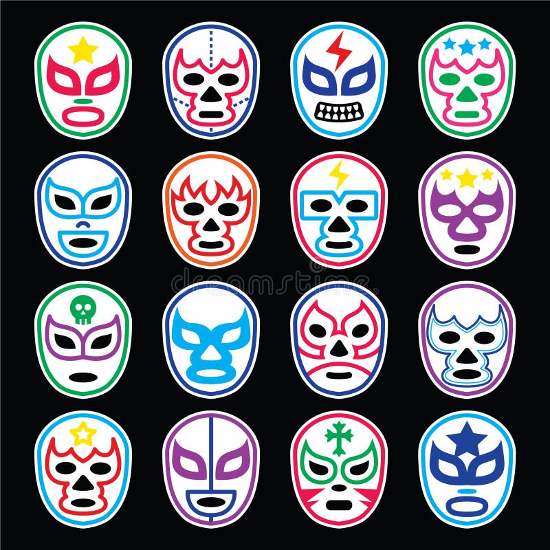 Vector icons set of masks worn during wrestling fights in Mexico isolated on black. Vector icons set of masks worn during wrestling fights in Mexico isolated on black
