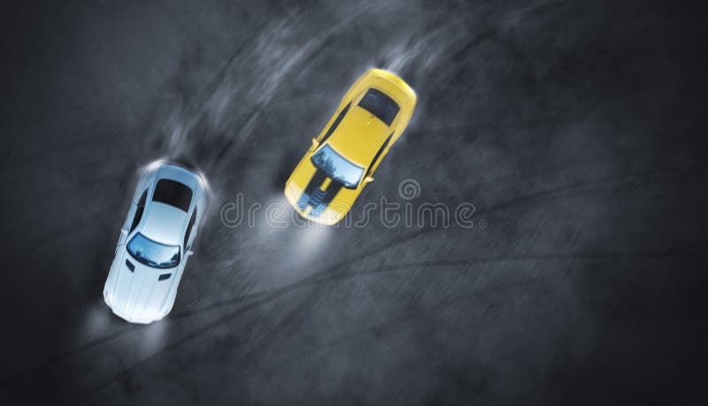 Lucht hoogste mening twee auto's die slag de nacht op rasspoor afdrijven stock foto Lucht hoogste mening twee auto's die slag de nacht op rasspoor afdrijven stock foto