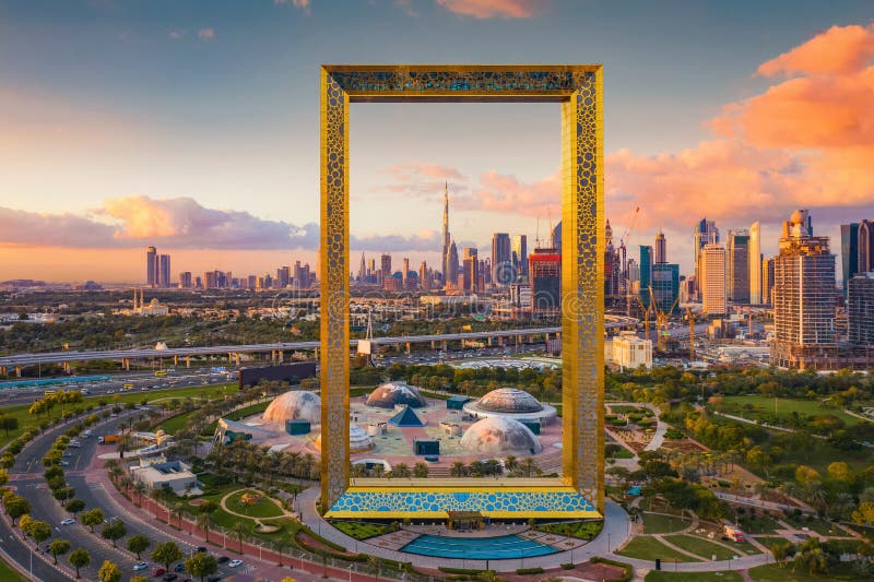 Luchtfoto van Dubai Frame, Downtown skyline, Verenigde Arabische Emiraten of Verenigde Arabische Emiraten Het financiële district