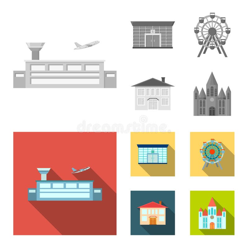 Luchthaven, bank, woningbouw, ferriswiel De bouw van vastgestelde inzamelingspictogrammen in zwart-wit, vlak stijl vectorsymbool royalty-vrije illustratie Luchthaven, bank, woningbouw, ferriswiel De bouw van vastgestelde inzamelingspictogrammen in zwart-wit, vlak stijl vectorsymbool royalty-vrije illustratie