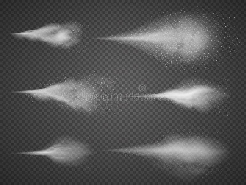Luchtige de mist vectorreeks van de waternevel Spuitbusmist op zwarte transparante achtergrond wordt geïsoleerd die