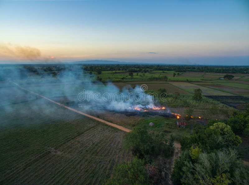 luchtmening van het droge gras van Burning van de hommellandbouwer in zonsondergangtijd, stock fotografie luchtmening van het droge gras van Burning van de hommellandbouwer in zonsondergangtijd, stock fotografie